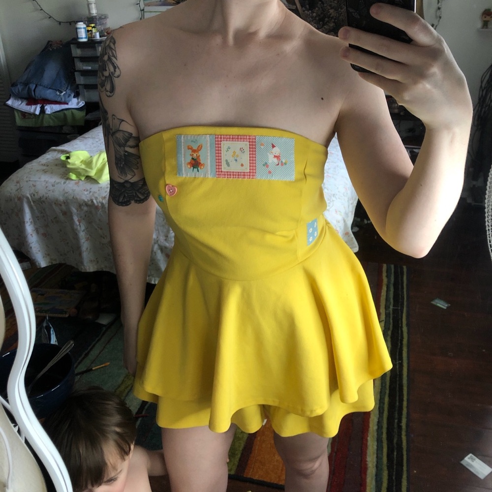 Upcycled strapless ruffle mini romper dress with a cute kawaii patches